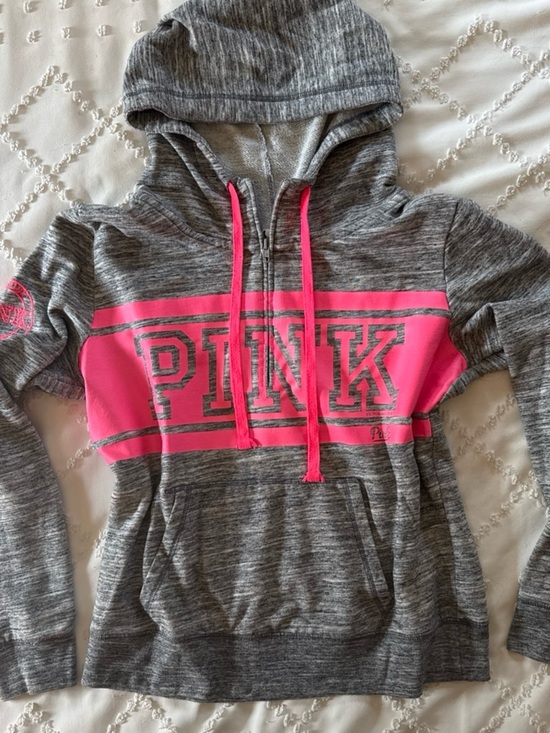 PINK Victoria's Secret Tops - PINK Victoria's Secret Gray & Hot Pink Hooded Sweatshirt
